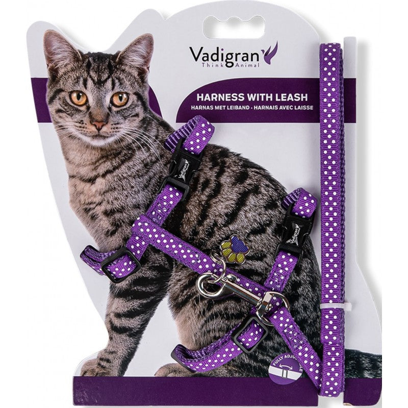 Harnais + Laisse Pois Mauve 15‑22 / 30‑32 cm + 120 cm – Vadigran