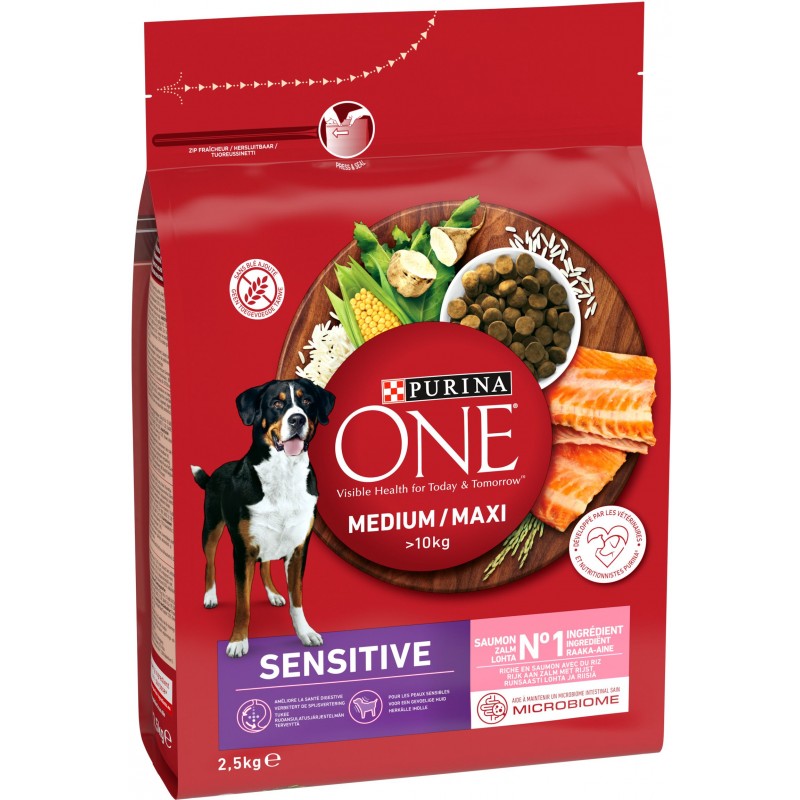 Purina ONE Medium/Maxi Sensitive – Saumon & Riz (10 kg + / formule Sensitive)